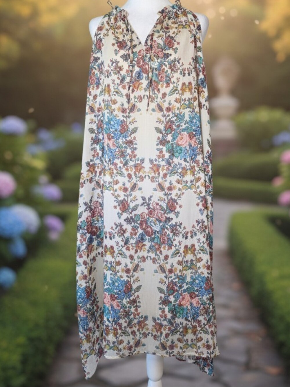Lucky Brand Floral Boho Maxi Dress Large Cottagecore Sleeveless Tie Neck Boho